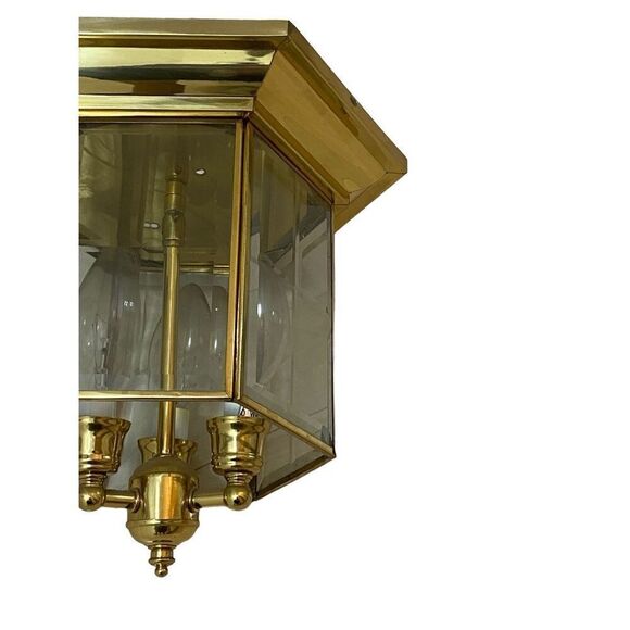 Vintage 3 Light Solid Brass with Clear Beveled Cross-Hatch Glass  Flush Mount Ce - Picture 3 of 7